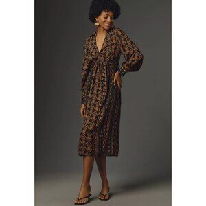 NWT Farm Rio Long-Sleeve V-Neck Printed Tie-Front Midi Dress